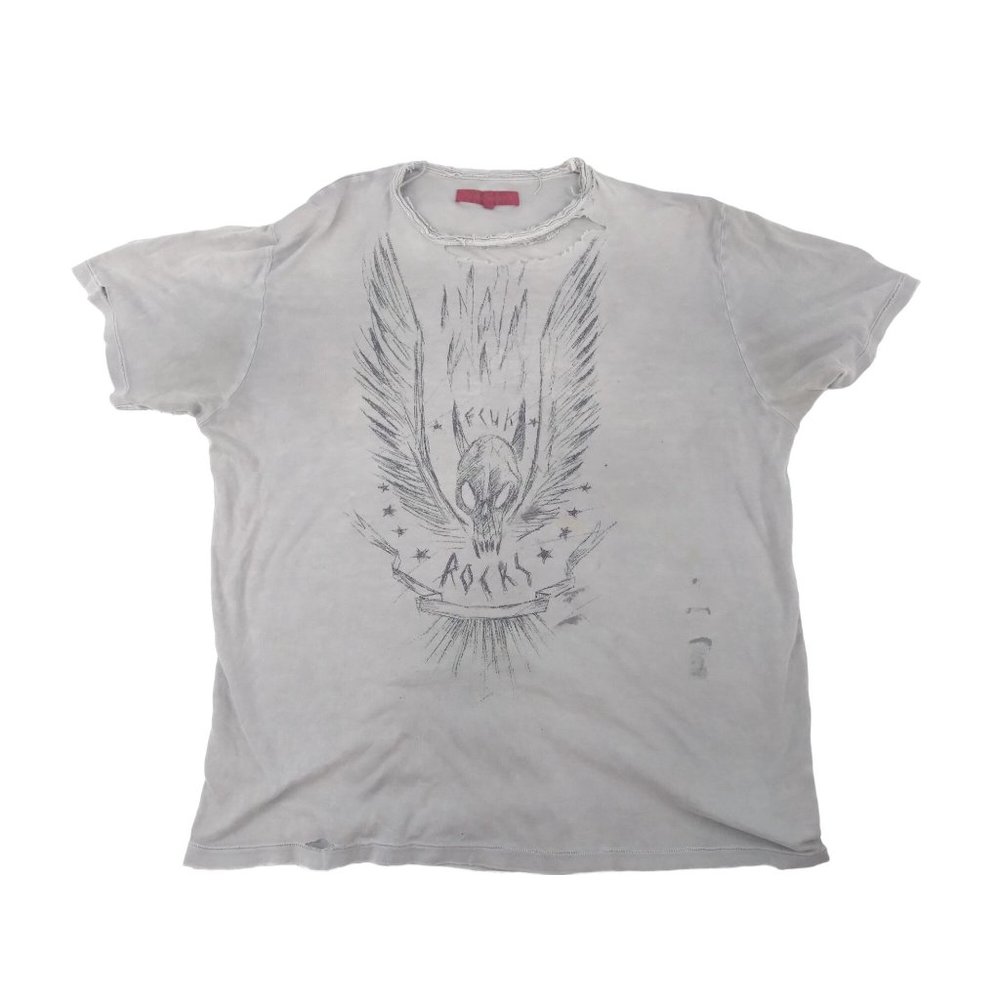 Vtg Y2K FCUK Rocks skull wings Very Distressed thrashed Men's t shirt sz L READ